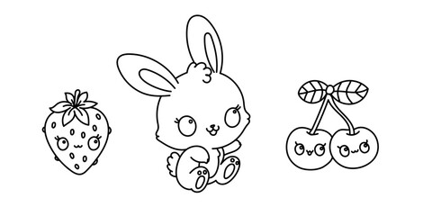 Kawaii line art coloring page for kids. Kindergarten or preschool coloring activity. Cute bunny sitting with kawaii strawberry and cherry. Kawaii rabbit vector illustration - 782104315