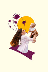 Photo collage of excited cheerful mother hold little son daughter mother day greeting family holiday isolated on painted background