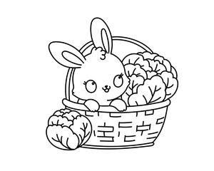 Kawaii line art coloring page for kids. Kindergarten or preschool coloring activity. Cute bunny sitting in a basket with cabbage. Kawaii rabbit vector illustration - 782104381