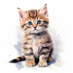 Watercolour Animal Clipart Cute Baby cat Siting on white background