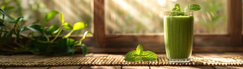 A glass of green smoothie on a wooden table in front of the window