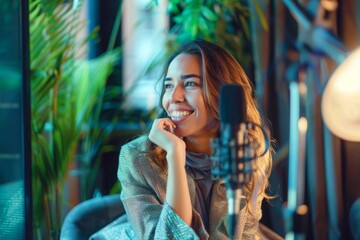 Fototapeta premium Guest Grin: Smiling on Podcast, Sitting, and Answering Questions