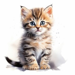 Obraz premium Watercolour Animal Clipart Cute Baby cat Siting on white background