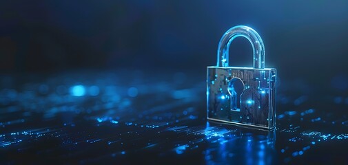 Convey the essence of cyber security technology with an image featuring a digital padlock representing data encryption and network protection, displayed against a deep blue backdrop, highlighting