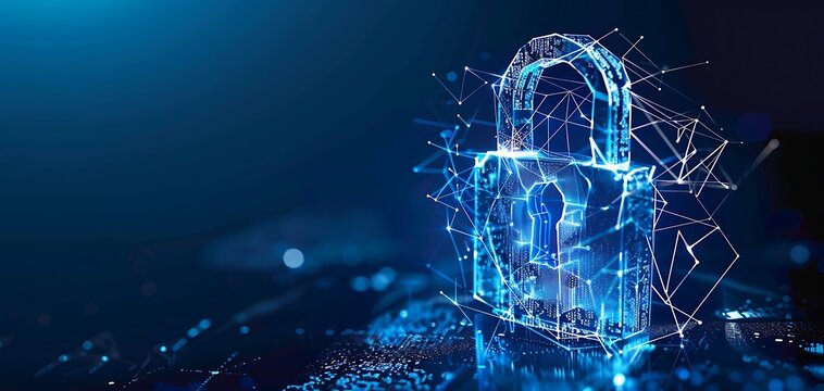 Convey the essence of cyber security technology with an image featuring a digital padlock representing data encryption and network protection, displayed against a deep blue backdrop, highlighting
