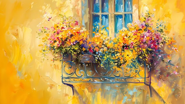 Watercolor autumn flowers balcony oil painting illustration poster background
