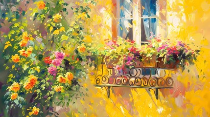 Watercolor autumn flowers balcony oil painting illustration poster background