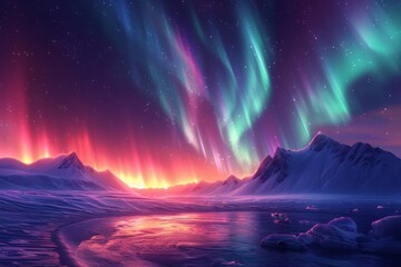Sunset with northern lights in the mountains near the lake