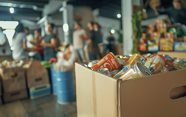 Cardboard Box Filled With Canned Goods and Nonperishable Food - Emergency Food Stock, Humanitarian Aid, SNAP Assistance Program. - obrazy, fototapety, plakaty