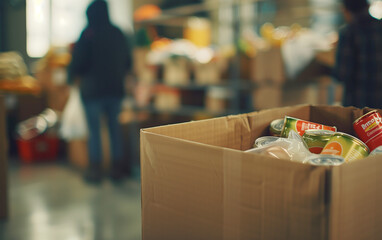 Cardboard Box Filled With Canned Goods and Nonperishable Food - Emergency Food Stock, Humanitarian Aid, SNAP Assistance Program.
