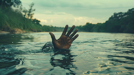 Black African American man hand drowns underwater in river 