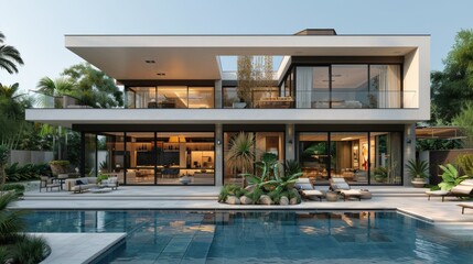 Fototapeta premium Modern home with swimming pool white background