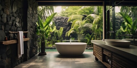 Eco nature organic bathroom hotel appartment in tropical style with huge window and palm trees. Relax
