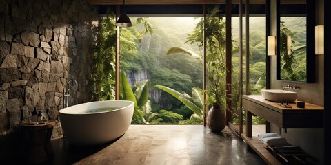 Eco nature organic bathroom hotel appartment in tropical style with huge window and palm trees. Relax