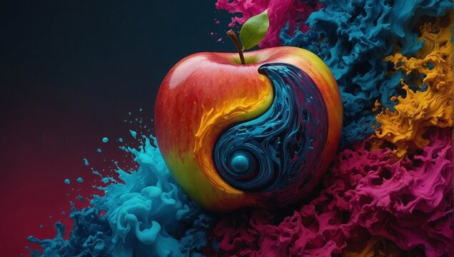 Abstract Yin Yang inspired graphic with apple and colorful paint