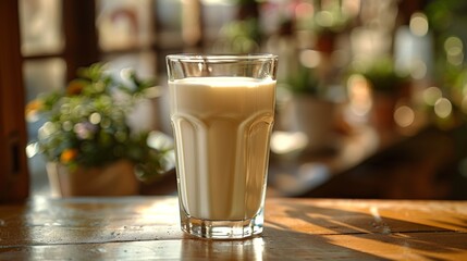 of a glass of milk, delicious and creamy, uses a light background