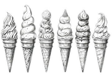 Black and white ice cream sketch are in several kept on a transparent backdrop PNG, Generative AI.