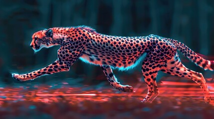 A cheetah sprinting its spots blinking with neon lights