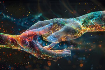 A pair of hands are touching each other in a colorful, abstract way. Concept of connection and unity between the two hands
