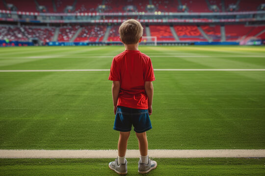 A young boy in a red shirt stands facing an empty football pitch