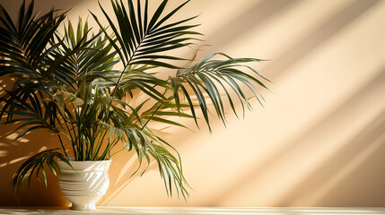 Fototapeta premium Palm Leaves on Light Cream Wall Serene Botanical Background for Summer, Generative Ai
