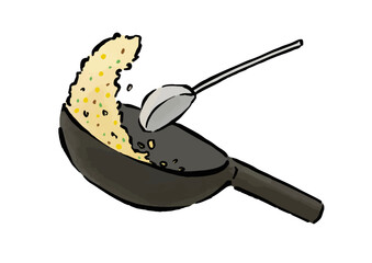 チャーハンを炒める、中華鍋をあおる線画イラスト
