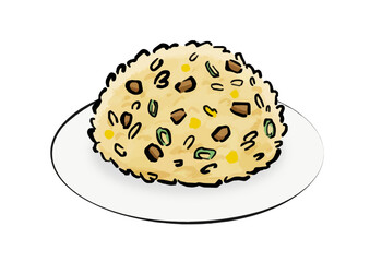 お皿に乗ったチャーハンの線画イラスト