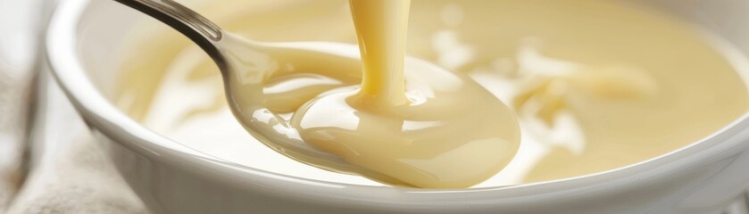The sweet aroma of condensed milk fills the air as its poured, its rich gold color a promise of creamy indulgence in every spoonful low noise - obrazy, fototapety, plakaty