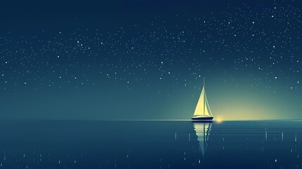 Minimalist blue calm lake boat illustration poster background