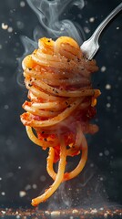 Spaghetti twirled on a fork with rich tomato sauce, steam rising, closeup