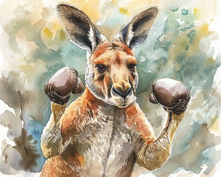 Bright, pastel watercolor illustration of a boxing kangaroo, on a soft, dreamy background, combining energy with calm