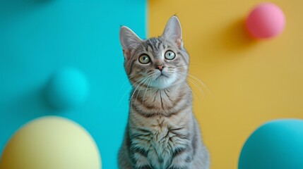 Colorful Easter Cat Sitting Among Vibrant Balls on Blue and Yellow Background with Happy Easter Message