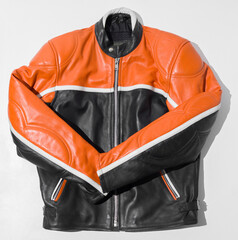 an unbranded heavy racing vintage Men's Motorcycle Leather Jacket Black Orange Racing Style. protection and style vintage motorcycle motorbike culture.