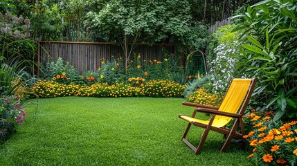 Yellow deck chairs on a green lawn in a beautiful blooming flower garden