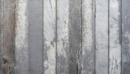 Obraz premium Rustic, weathered wooden planks texture with peeling paint in shades of white and silver. aligned vertically.