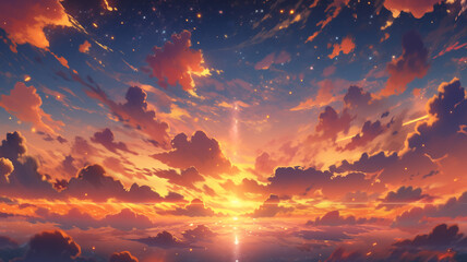 Fototapeta na wymiar Hand drawn cartoon beautiful dusk clouds and starry sky illustration 