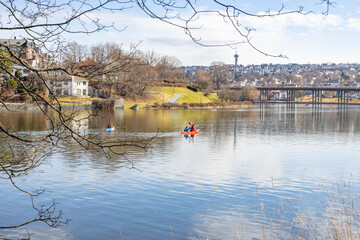 Walking along Nidelven (River) in a Spring mood in Trondheim city - 782108309