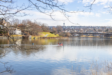 Walking along Nidelven (River) in a Spring mood in Trondheim city - 782108349