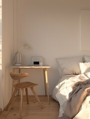 white bedroom with small desk and table, modern interior