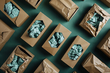 cardboard boxes arranged on a sleek surface, each containing crumpled paper for secure and sustainable packaging of online purchases, photo - obrazy, fototapety, plakaty