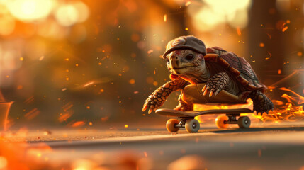 A tortoise is riding a skateboard with flames trace - 782108592