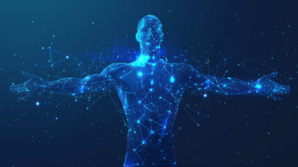 Illustration of abstract Man, polygonal art style, blue neon glow, person stretching arms against blue background. Future digital concept