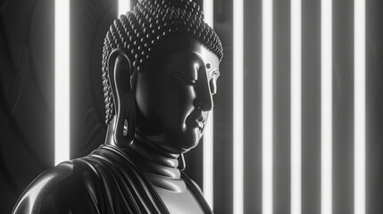 A statue of a Buddha with a serene expression, with modern backdrop