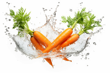 Fresh carrots falling in water splash with water drops, isolated in white background