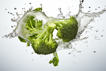 Fresh broccoli falling in water splash with water drops, isolated in white background