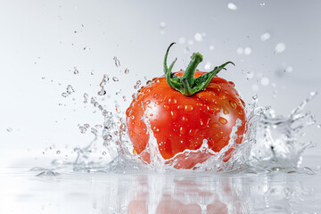 Fresh tomato falling in water splash with water drops, isolated in white background