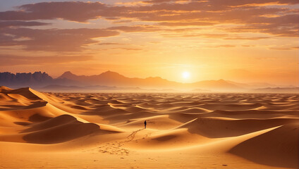 Fototapeta na wymiar A vast desert landscape with sand dunes and a setting sun.