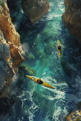 In a hidden cove, kayakers navigate treacherous waters, their paddles slicing through the waves with precision.