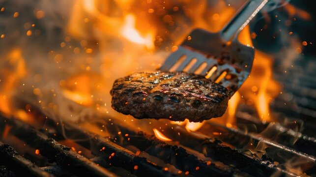 An action shot of a spatula flipping a burger capturing the dynamic movement and sizzle