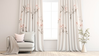 Elegant floral curtains with a modern botanical design in a bright living room interior 3d render